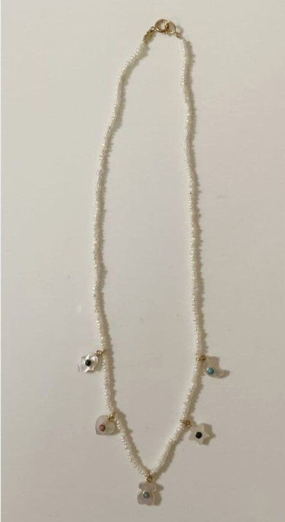 TOUS 18K Yellow Gold Mother of Pearl Charm Necklace Star Moon Bear 14.9in Unused