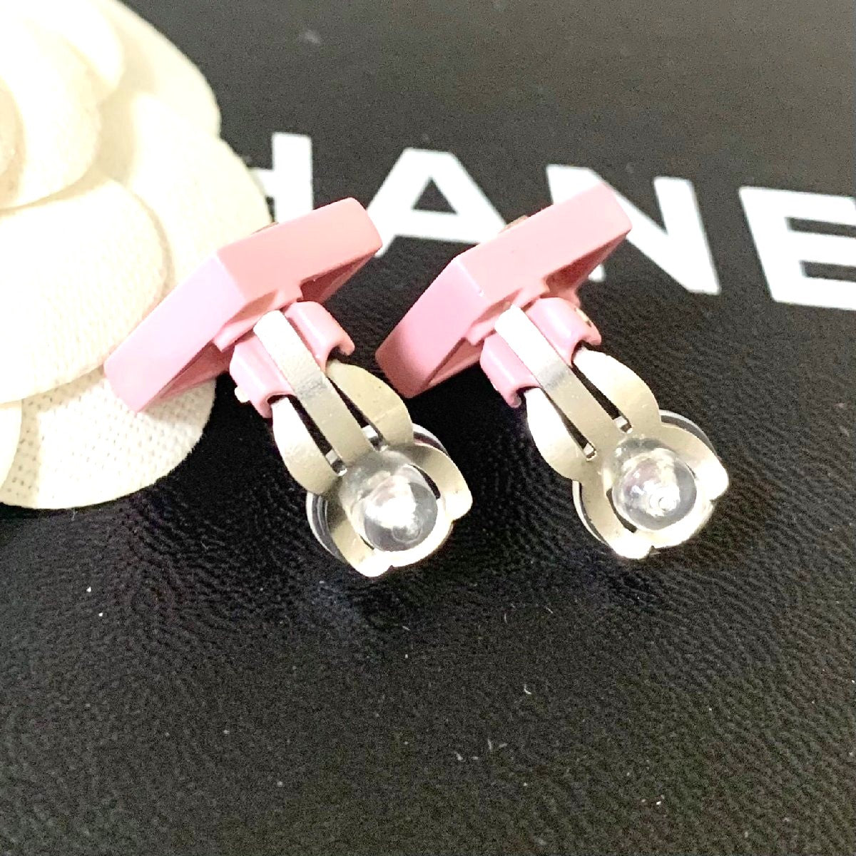 CHANEL CC Logo Earrings Pink Diamond Square Resin Silver Clip-On Authentic