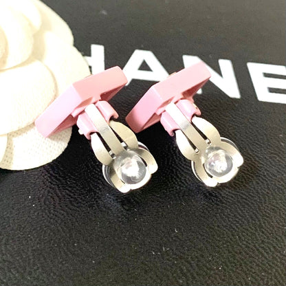 CHANEL CC Logo Earrings Pink Diamond Square Resin Silver Clip-On Authentic