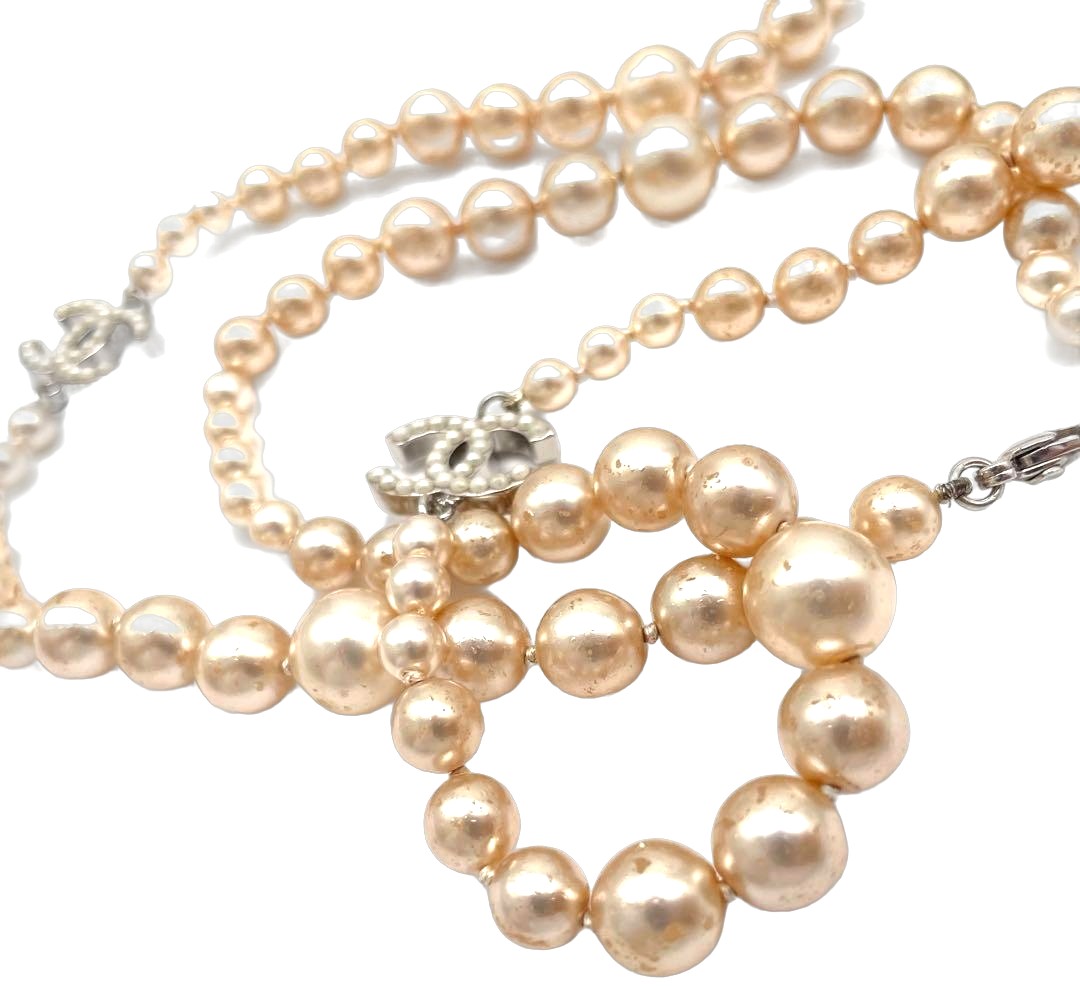 CHANEL Long Pearl Necklace CC Logo Cream Faux Pearl Silver HW 90cm 35.4" Used