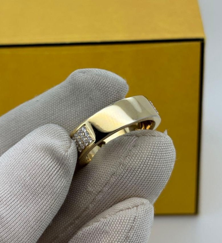 Excellent Fendi Rhinestone F Logo Gold Tone Metal Ring Size M EU 52 US 6