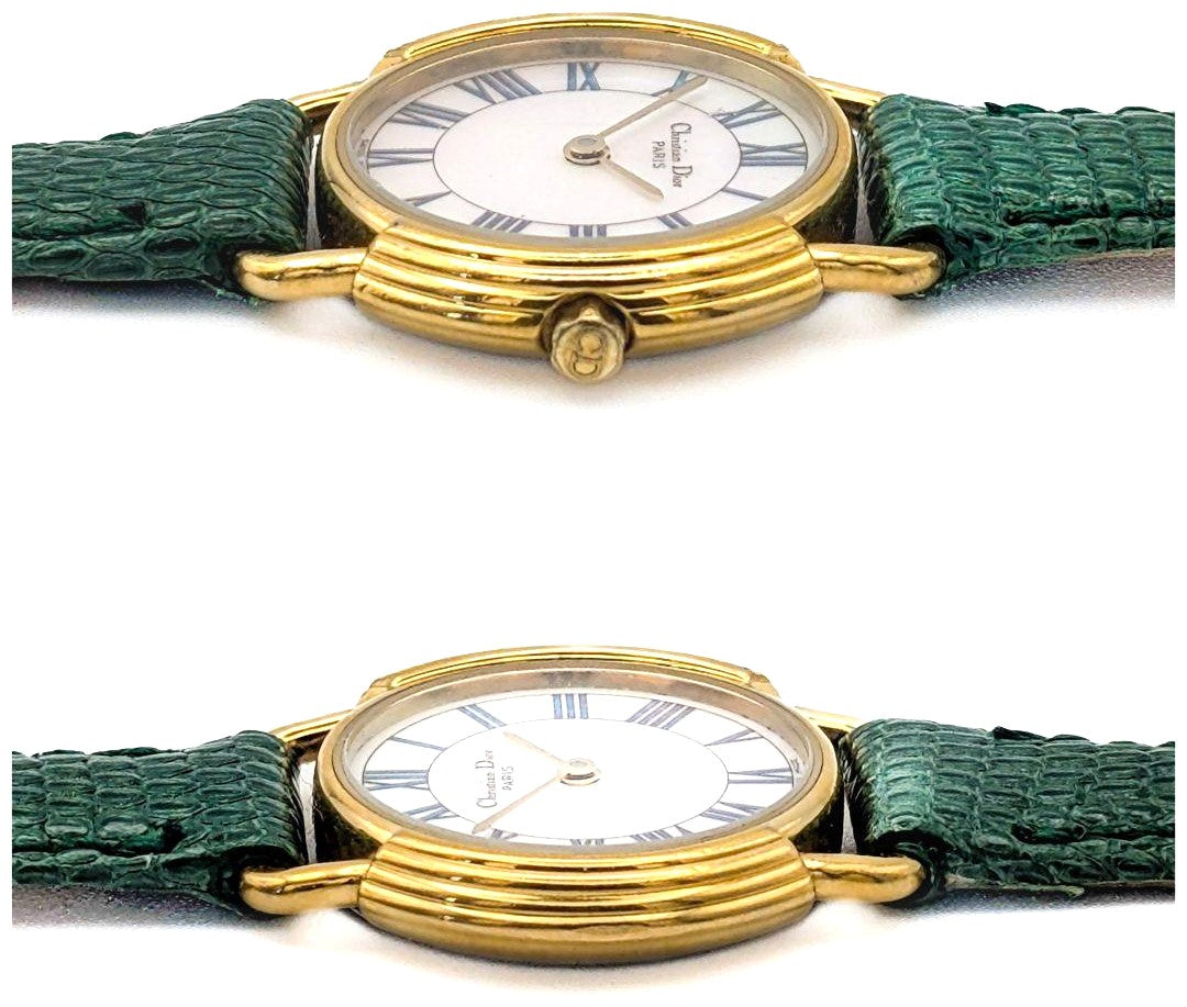 Christian Dior Paris Vintage Watch Shell Dial Gold Green Leather 25.8mm Swiss