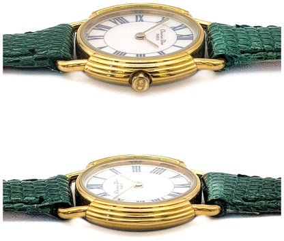 Christian Dior Paris Vintage Watch Shell Dial Gold Green Leather 25.8mm Swiss