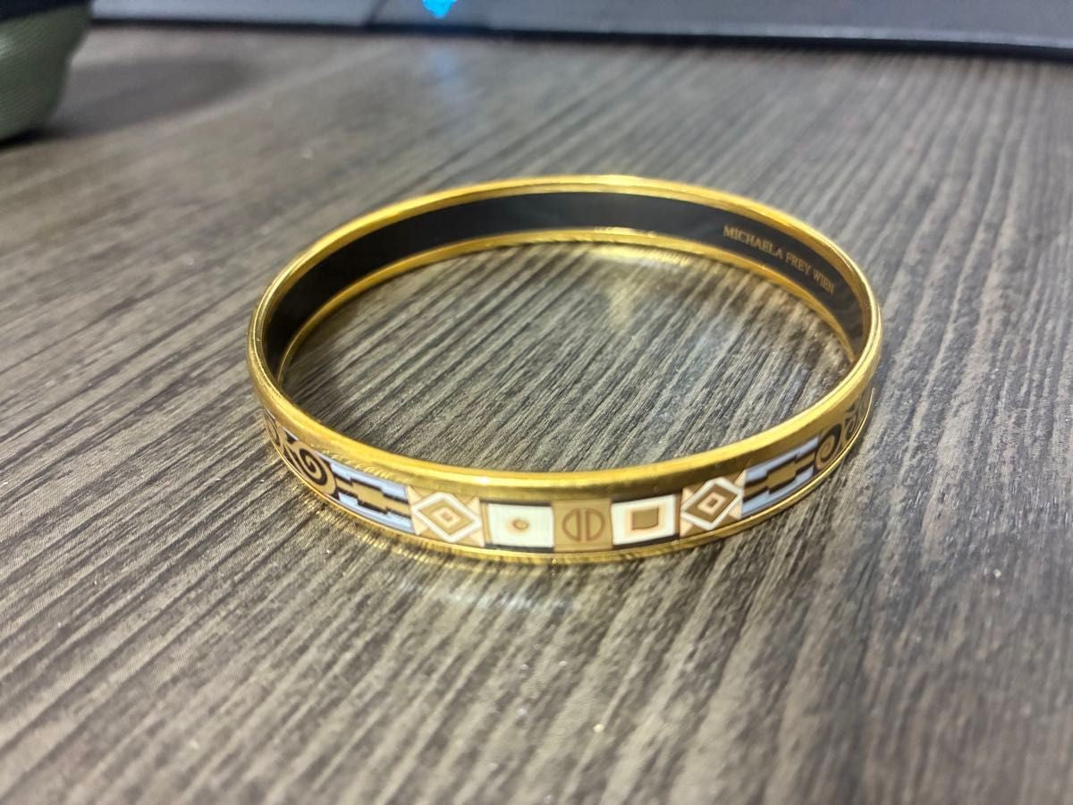 Michaela Frey Wien Enamel Bangle Bracelet Gold Black White Austria 2.6in