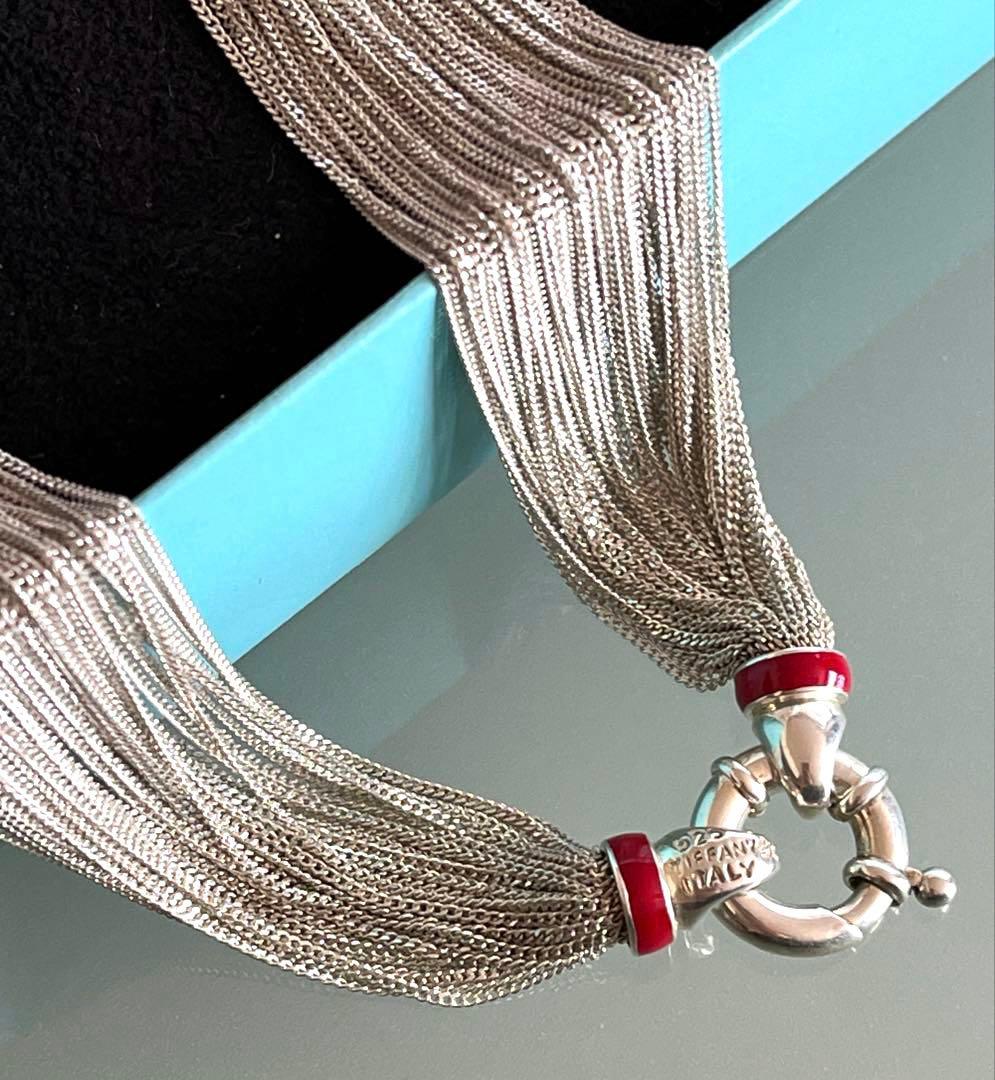 Rare Tiffany & Co Sterling Silver 925 Red Enamel Multi 40 Strand Mesh Necklace