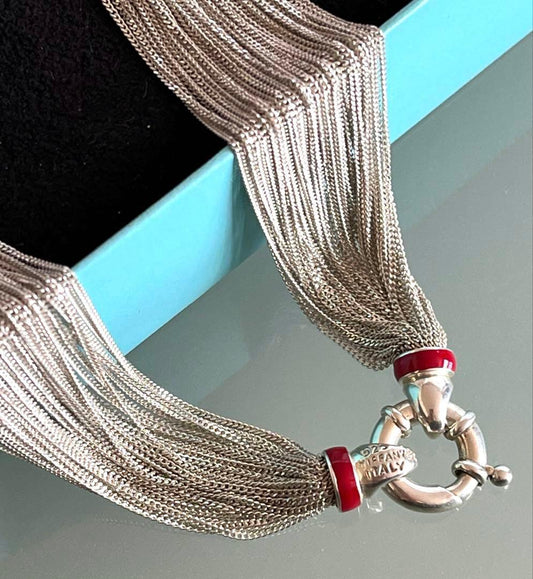 Rare Tiffany & Co Sterling Silver 925 Red Enamel Multi 40 Strand Mesh Necklace