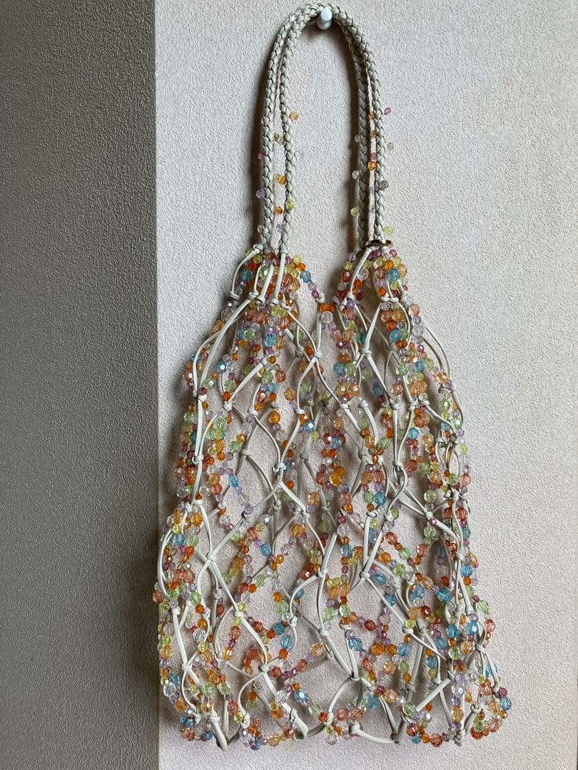 ANTEPRIMA 2way Real Rabbit Fur Bag Multicolor Beaded Net Tote Shoulder White