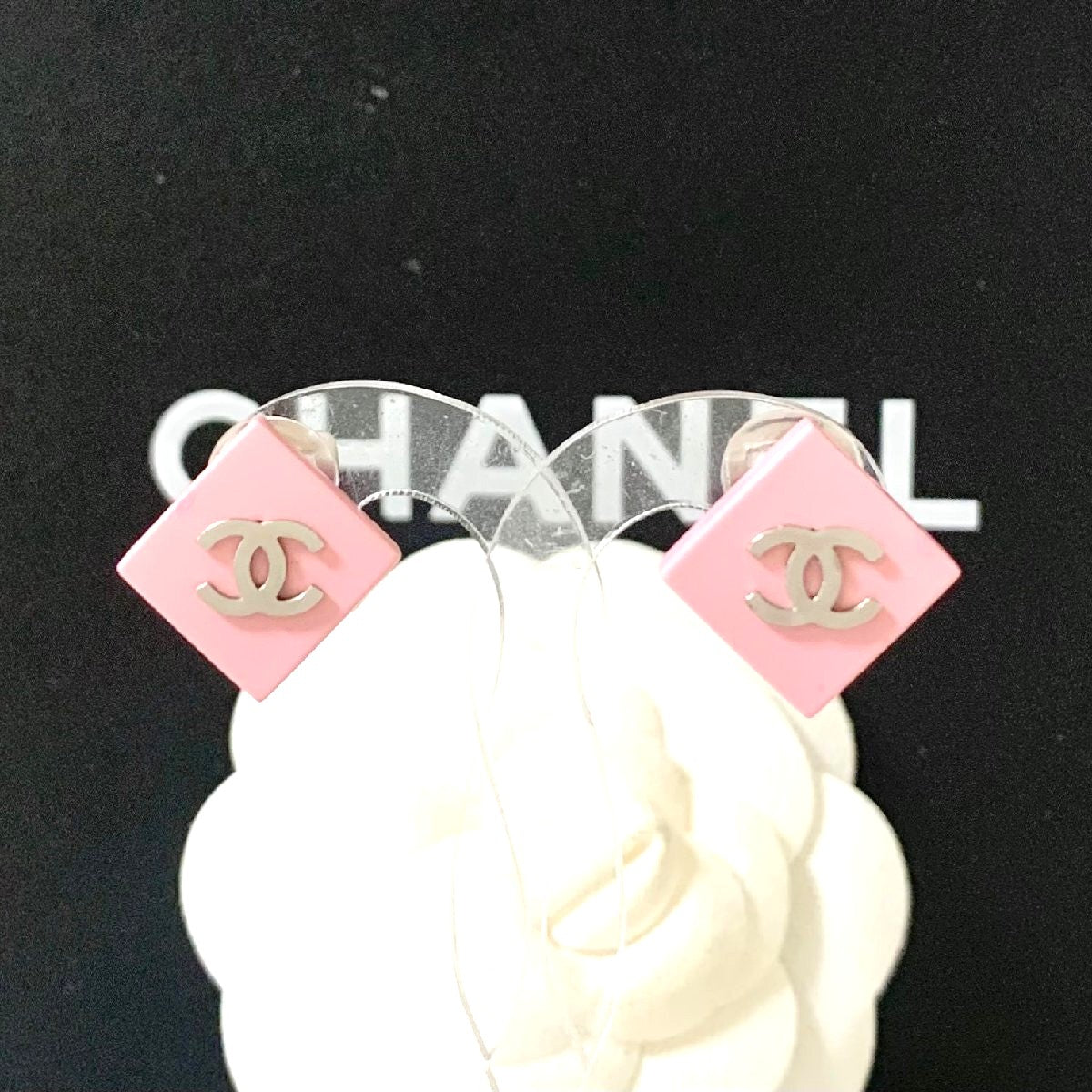 CHANEL CC Logo Earrings Pink Diamond Square Resin Silver Clip-On Authentic