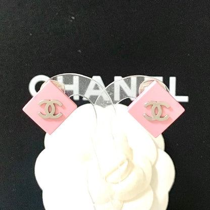 CHANEL CC Logo Earrings Pink Diamond Square Resin Silver Clip-On Authentic