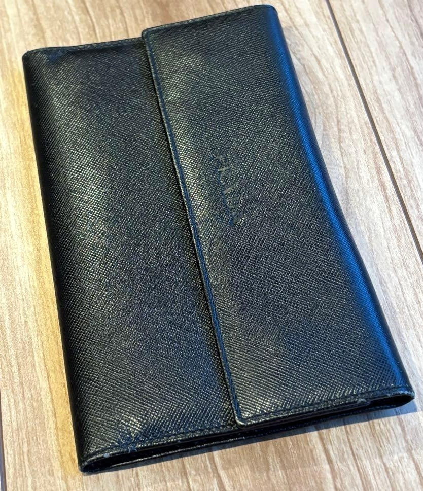 PRADA Saffiano Leather Notebook Cover Planner Case Black Gold HW 10.5x18cm