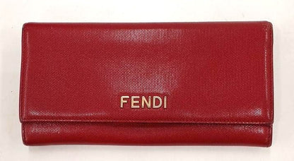FENDI Long Wallet Bifold Red Leather Logo Gold Hardware 19cm 7.5in Womens