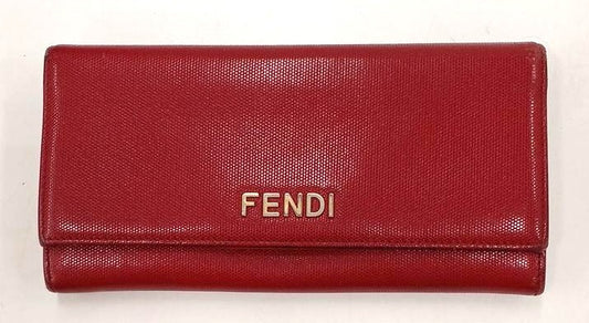 FENDI Long Wallet Bifold Red Leather Logo Gold Hardware 19cm 7.5in Womens