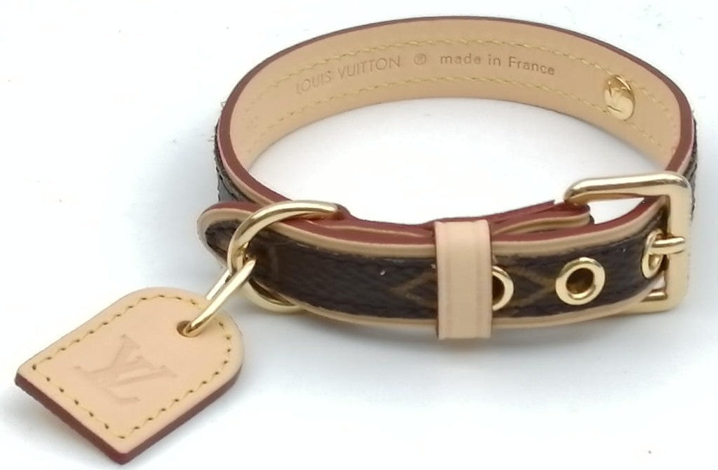 Louis Vuitton Monogram Dog Collar Pet Accessory Brown Leather Gold HW France