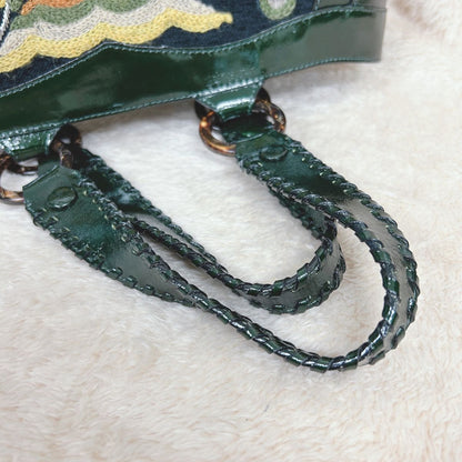 ANNA SUI Embroidered Tote Bag Dark Green Deer Floral Patent Leather Vintage