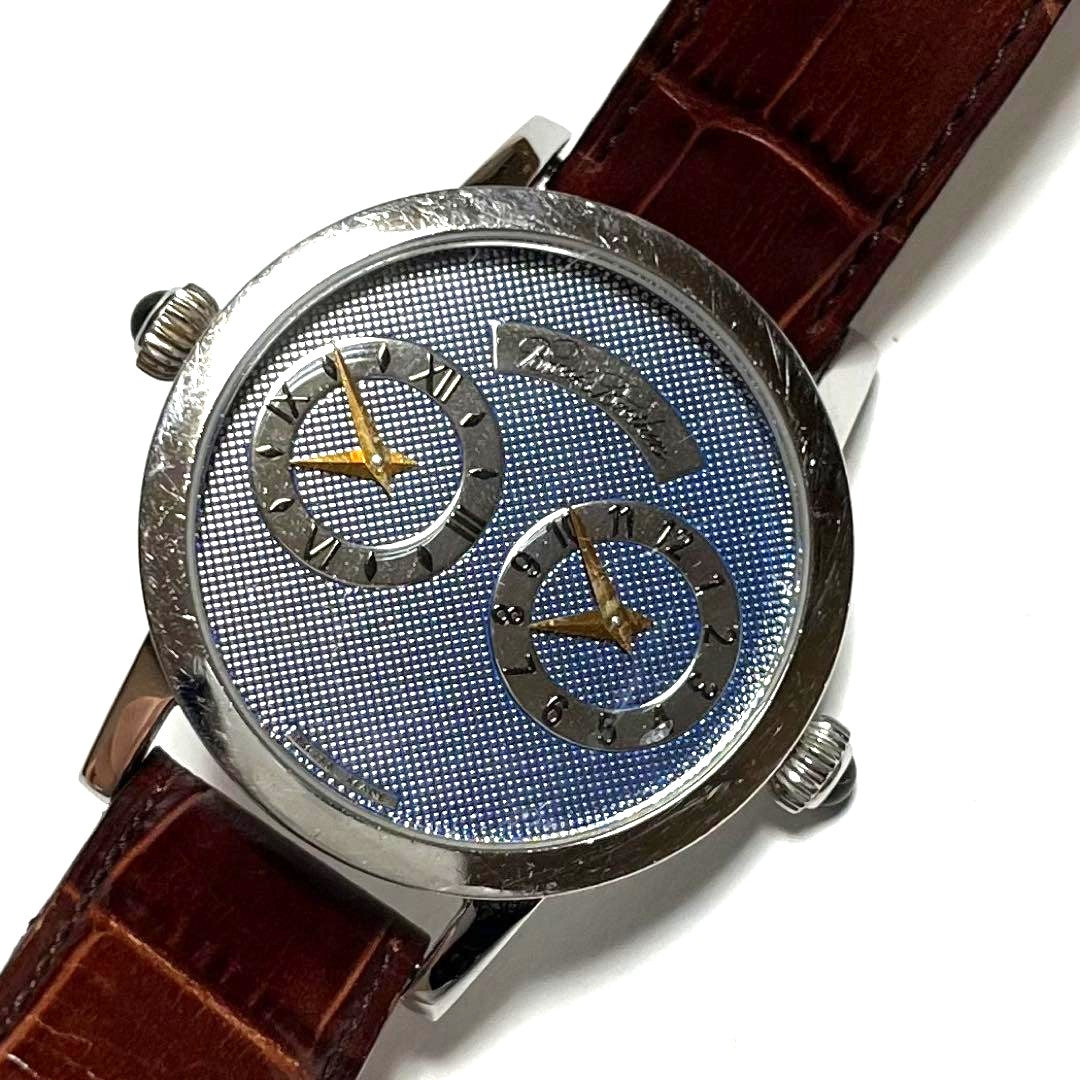 Brooks Brothers Dual Time Zone Quartz Watch Blue Dial Brown Leather Swiss Made