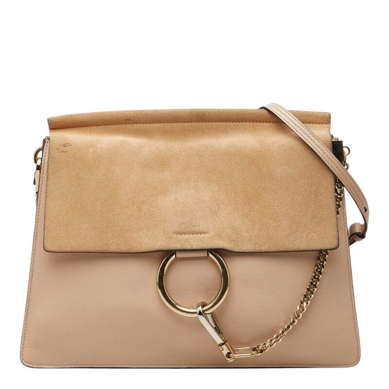 Chloe Faye Large Shoulder Bag Beige Leather Suede Ring Chain Gold Crossbody