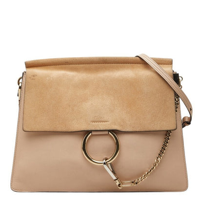 Chloe Faye Large Shoulder Bag Beige Leather Suede Ring Chain Gold Crossbody