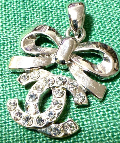 CHANEL Vintage CC Logo Bow Pendant Top Silver Rhinestone Charm Authentic Used
