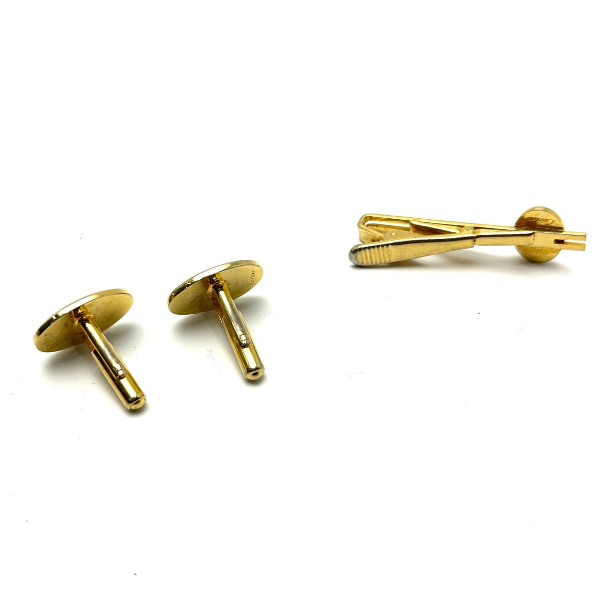 CARTIER 2C Logo Cufflinks Tie Pin Set Gold Tone Black Enamel Mens Accessories