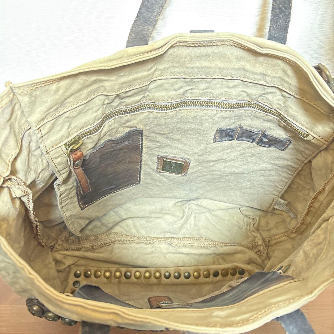 CAMPOMAGGI Canvas Leather Tote Bag Beige Studded Italy 2way Shoulder Vintage