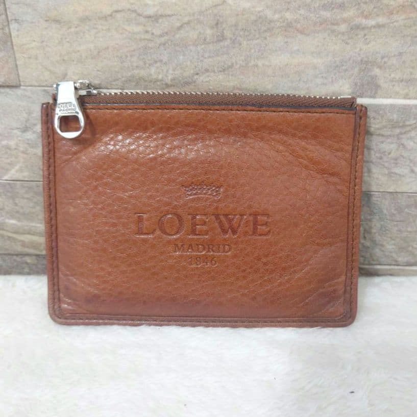 Loewe Brown Leather Embossed Coin Case Purse 12 x 9cm 4.7 x 3.5in