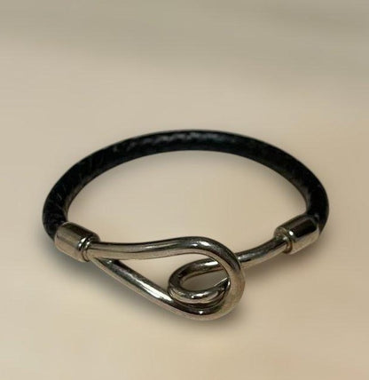 Hermes Jumbo Braided Black Leather Bangle Bracelet Hook 18cm 7in Authentic