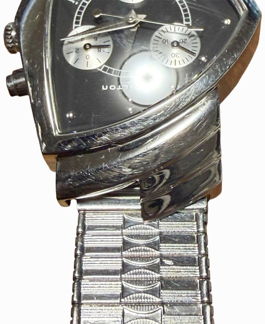 Hamilton Ventura Chrono H24412132 Quartz Black Dial SS Watch Non-OEM Band Used
