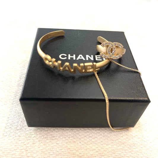 CHANEL CC Logo Coco Mark Bangle Bracelet Ring Set Gold Rhinestone 01C Authentic