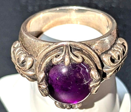A&G Antique Silver 925 Ring Amethyst Cabochon Purple Stone Ornate VTG US11-11.5