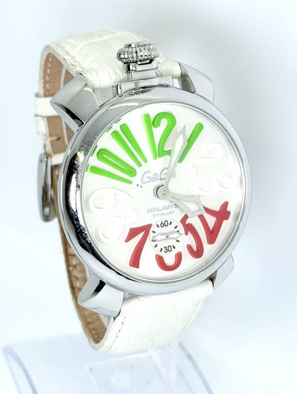 GaGa Milano Manuale 48 Watch White Dial Green Red Numerals Leather Italy Unisex