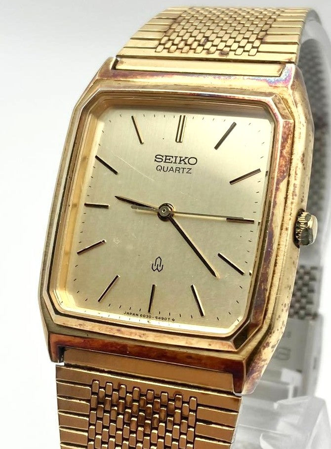 SEIKO Quartz Mens Square Gold Tone Dress Watch Vintage Analog Japan Used