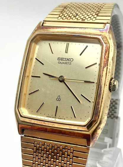 SEIKO Quartz Mens Square Gold Tone Dress Watch Vintage Analog Japan Used