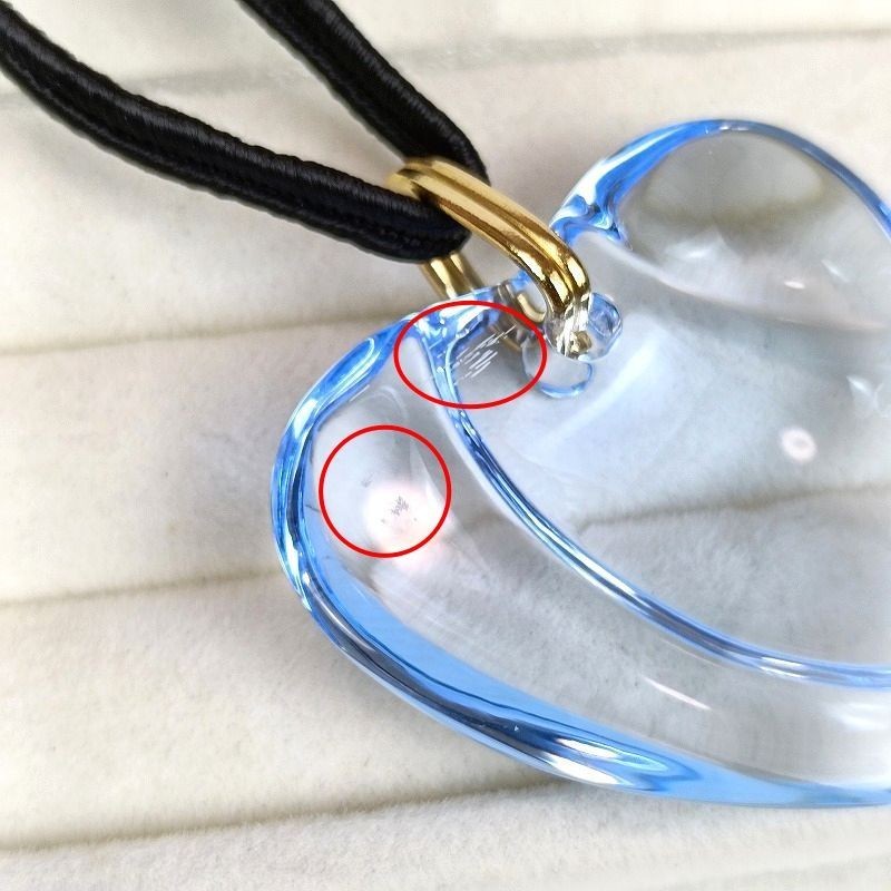 Baccarat Crystal Heart Pendant Necklace Blue Gold Tone Cord Lady's Box Pouch