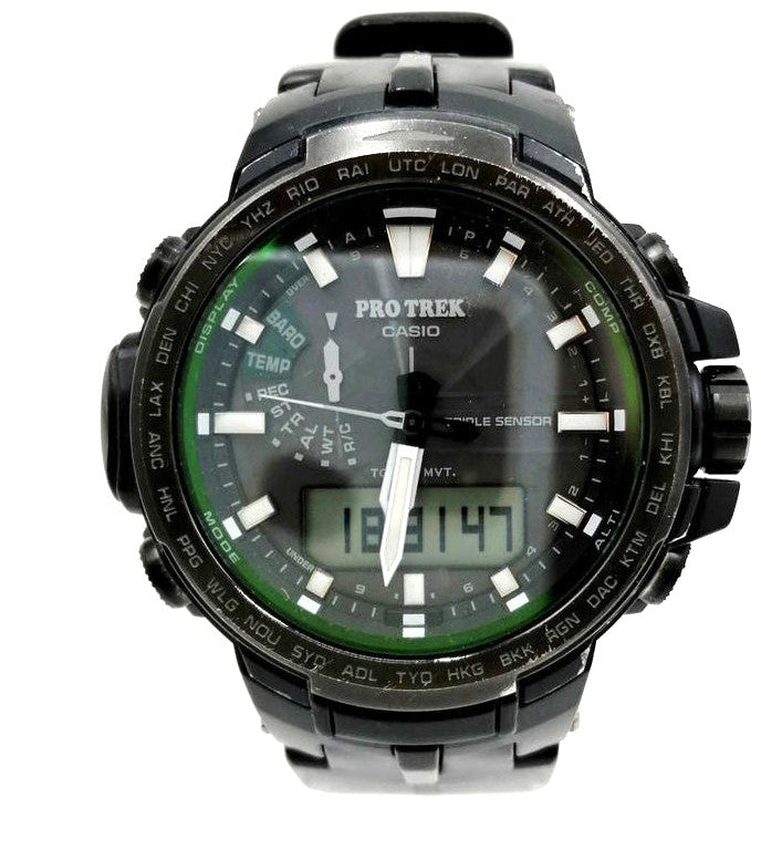 Casio Pro Trek Triple Sensor Tough Solar Ana-Digi Watch Black PRW-6000 Used