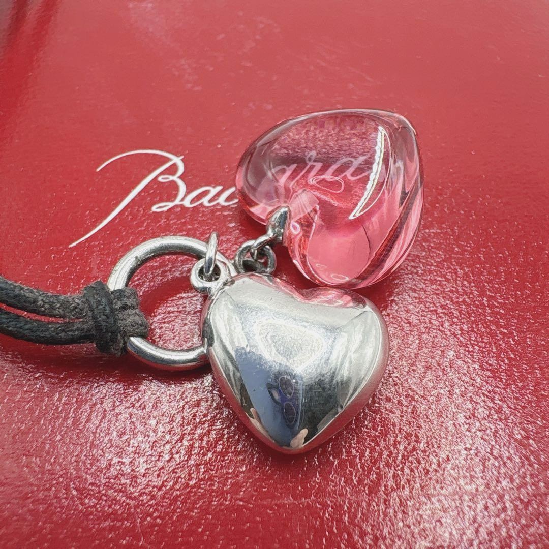 Baccarat Double Heart Choker Necklace Pink Crystal Silver 925 Black Cord w/Box