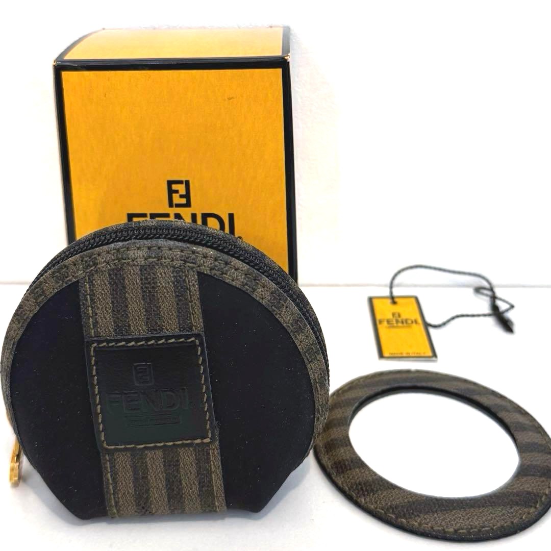 FENDI Vintage Pecan Round Coin Case Purse Mirror Coated Canvas Leather Italy
