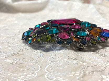 Christian Lacroix Multicolor Crystal Brooch Pin Pink Teal Gold Rhinestone Paris