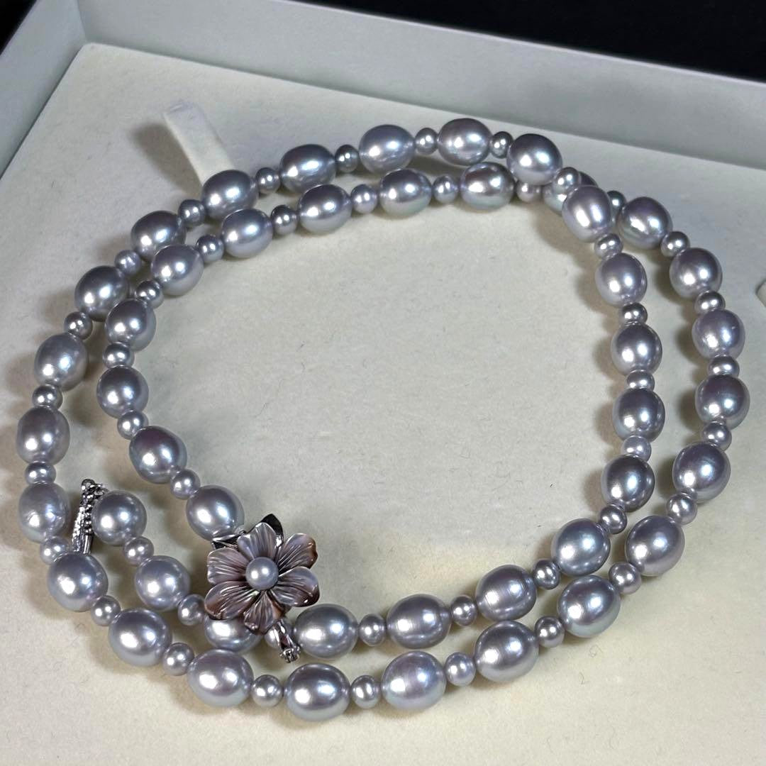 Akoya Pearl Long Necklace Blue Gray 8mm Flower Clasp Silver 25.6in Japan