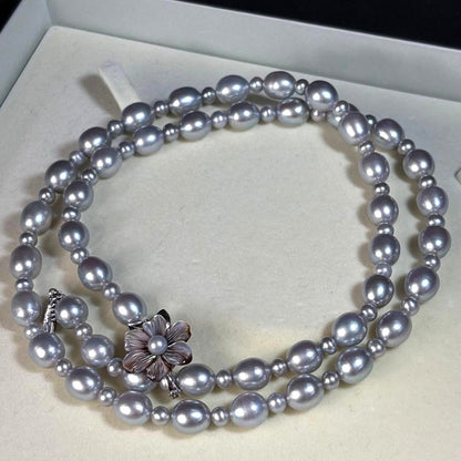 Akoya Pearl Long Necklace Blue Gray 8mm Flower Clasp Silver 25.6in Japan