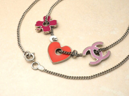 CHANEL CC Heart Clover Charm Necklace Pink Red Metal 04P Italy 44cm(17.3in)