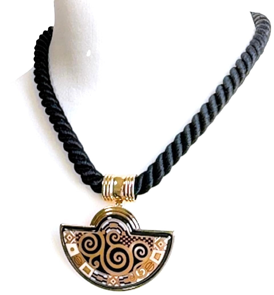 MICHAELA FREY WIEN Klimt Enamel Pendant Necklace Gold Black Vintage Austria