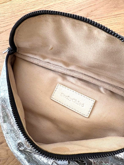 SEE BY CHLOE Belt Bag Fanny Pack Silver Crinkle Leather Safety Pin HW 11x5.9in.