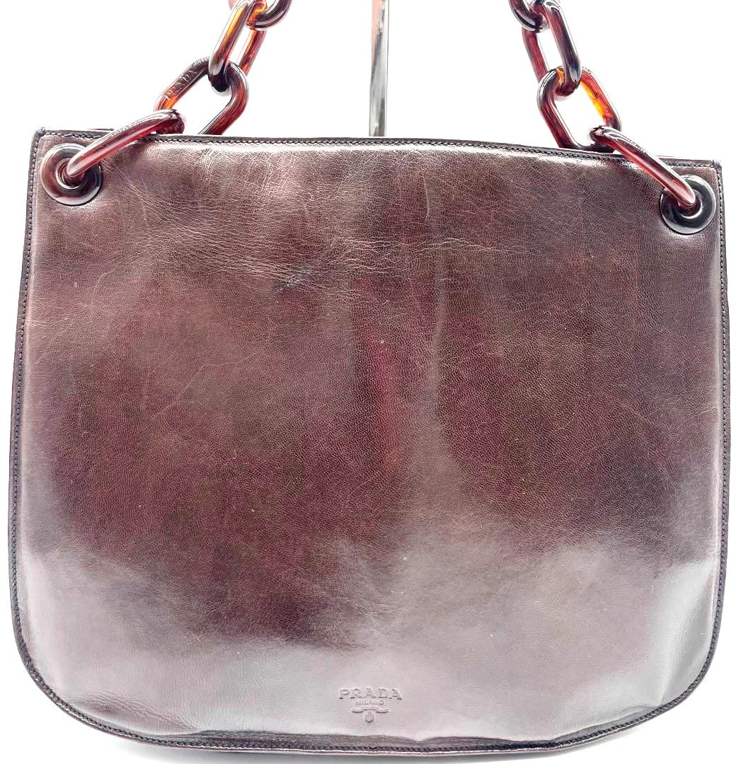 PRADA Milano Leather Shoulder Bag Brown Tortoise Plastic Chain Logo 30cm Auth