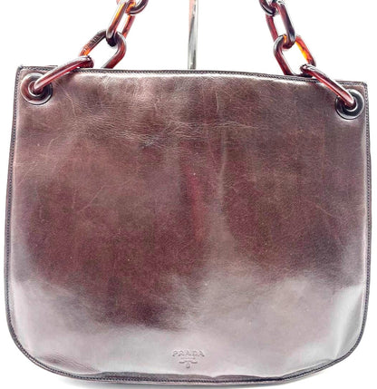 PRADA Milano Leather Shoulder Bag Brown Tortoise Plastic Chain Logo 30cm Auth