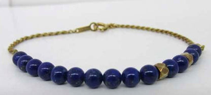 4C Sterling Silver Bracelet Lapis Lazuli Beads Gold Tone Twisted Chain Heart