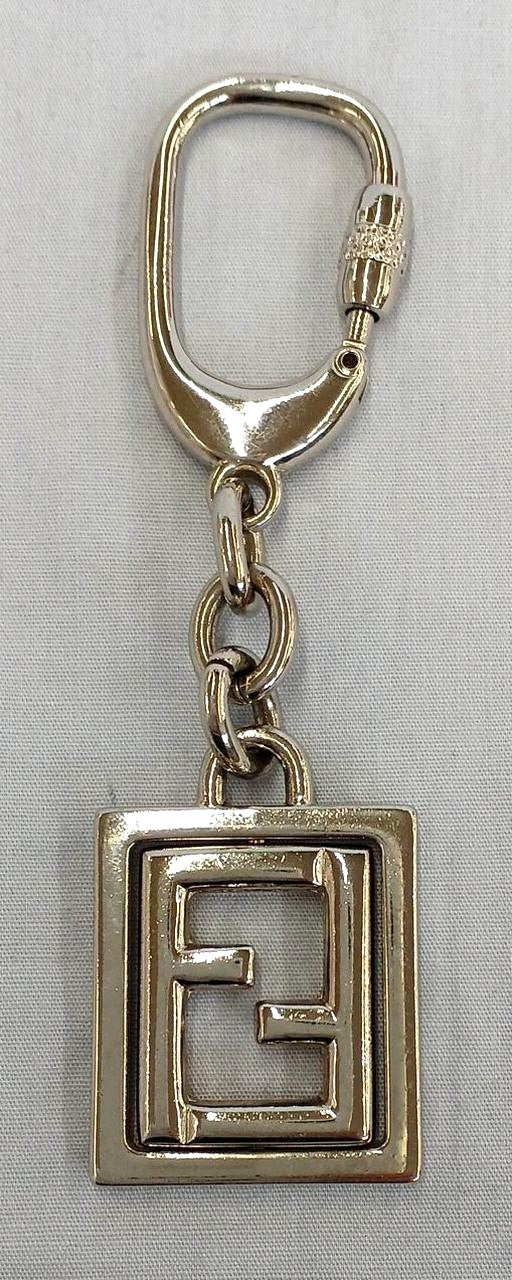 FENDI Zucca FF Logo Keychain Key Ring Charm Silver Tone Metal Italy Vintage