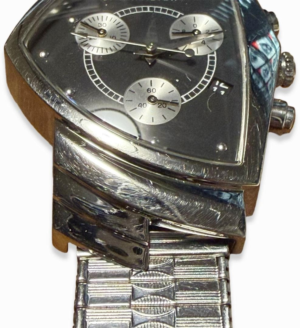 Hamilton Ventura Chrono H24412132 Quartz Black Dial SS Watch Non-OEM Band Used