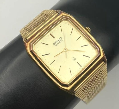 SEIKO Quartz Mens Square Gold Tone Dress Watch Vintage Analog Japan Used