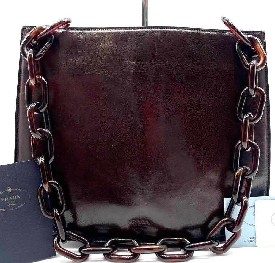PRADA Milano Leather Shoulder Bag Brown Tortoise Plastic Chain Logo 30cm Auth