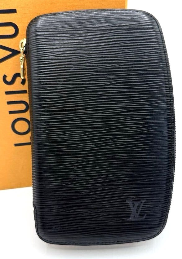 Louis Vuitton Epi Agenda Geode M63872 Round Zip Wallet Black Leather 4.5x7.3x1"